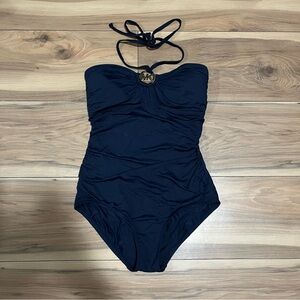 Michael Kors Blue One-Piece Swimsuit with Gold MK Emblem